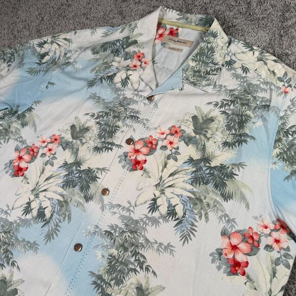 Tommy Bahama 100% Silk Hawaiian Hibiscus SS Button Shirt Green Blue Tropical XL - Picture 1 of 10